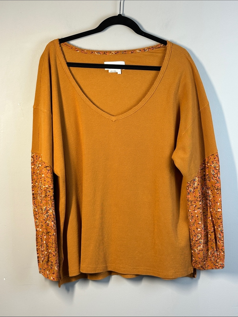 Anthropologie Annette Waffle Knit Vneck Floral Sleeve Top Size L Fall Bohemian